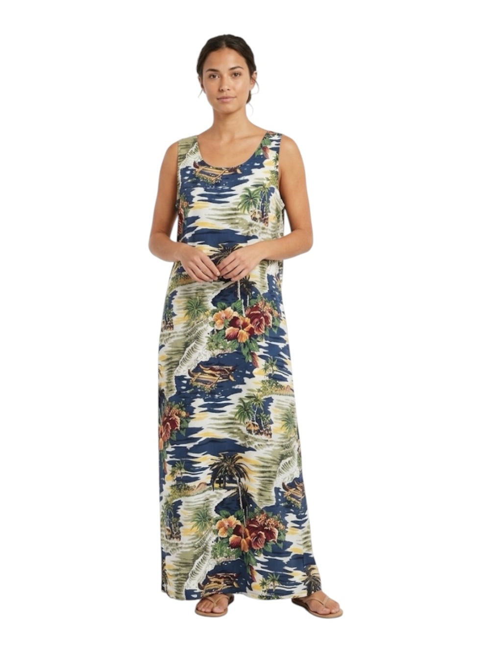 Vintage Hilo Hattie Hawaiian Dress MIDI Tank Scenic Outrigger Floral Blue M